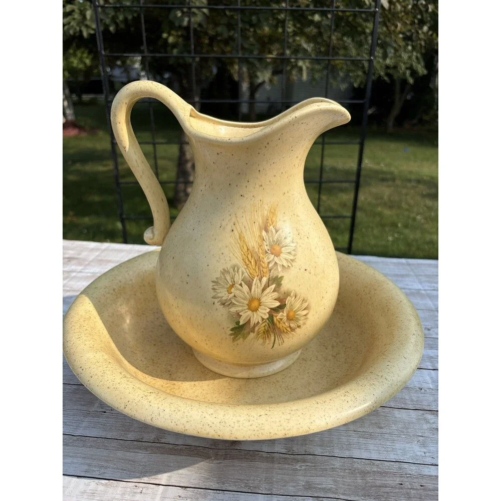 Purbeck Pottery Speckled Pitcher & Wash Basin Set, Daisy Wheat
